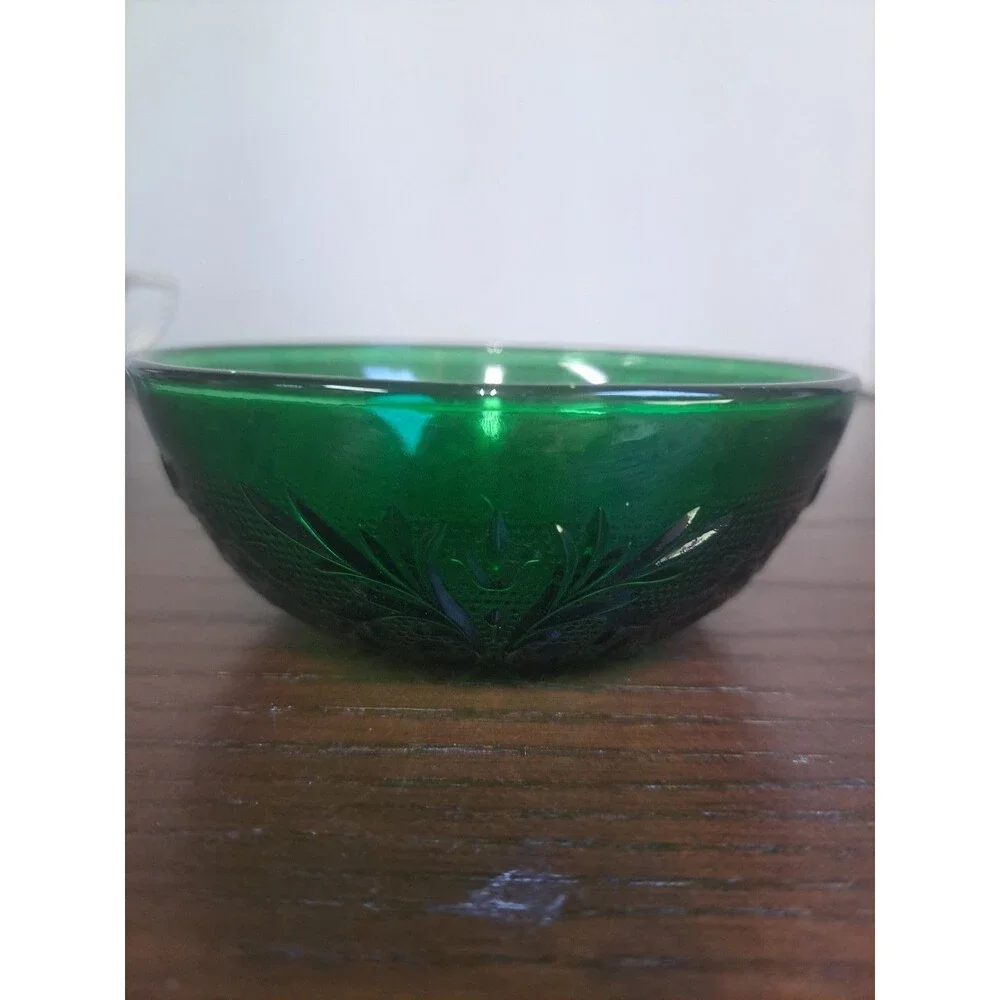 1957 Anchor Hocking Forest Green Sandwich Glass Floral And Foliage 4in Berry...